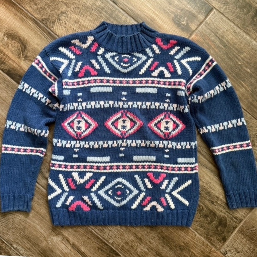 Nuovo Vintage Womens Aztec Geo Pattern Mock Neck Knit Sweater, Blue Pink, M‎